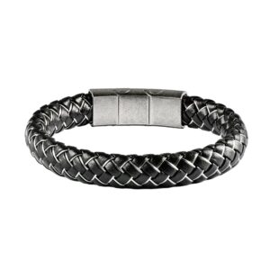 Herrenarmband Schwarzes flaches, geflochtenes Leder und geflochtener Edelstahldraht