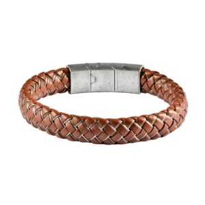 Herrenarmband Braunes flaches, geflochtenes Leder und geflochtener Edelstahldraht
