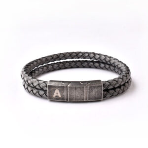 Herrenarmband Doppelgeflochtenes graues Leder und antikes Stahlfinish