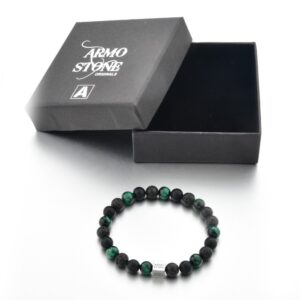 Alternative view of Herrenarmband Schwarzer Lava-, matter Onyx- und grüner Tigerauge-Stein